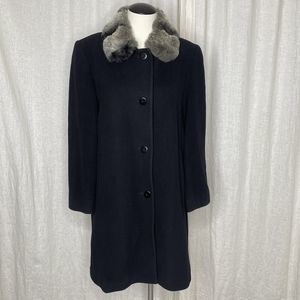 Wool Coat Womens 8 Black Lambswool Blend Fur Collar Forecaster of Boston Topcoat